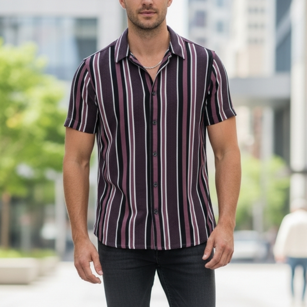 Express Men's Casual Striped Shirt Black & Burgundy Size XS